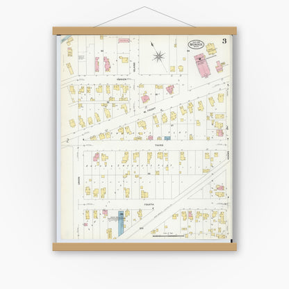 Old map wall art mockup — magnetic wood frame on white wall — Sanborn Fire Insurance Map from Monroe, Monroe County, Michigan (1908), Sheet #0003