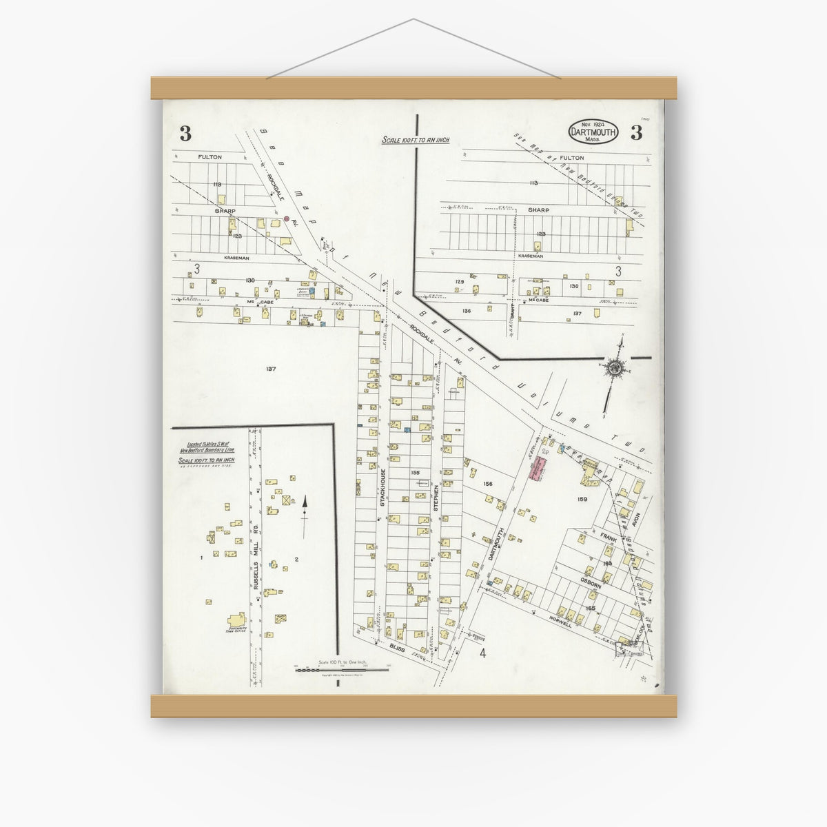 Old map wall art mockup — magnetic wood frame on white wall — Sanborn Fire Insurance Map from Dartmouth, Bristol County, Massachusetts (1924), Sheet #0003