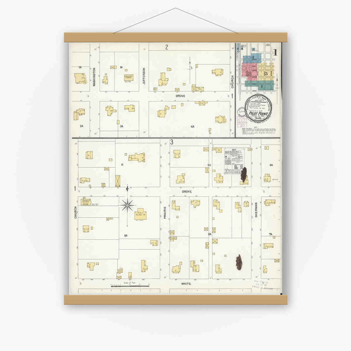 Old map wall art mockup — magnetic wood frame on white wall — Sanborn Fire Insurance Map from Pilot Point, Denton County, Texas (1901) - Complete Map Set