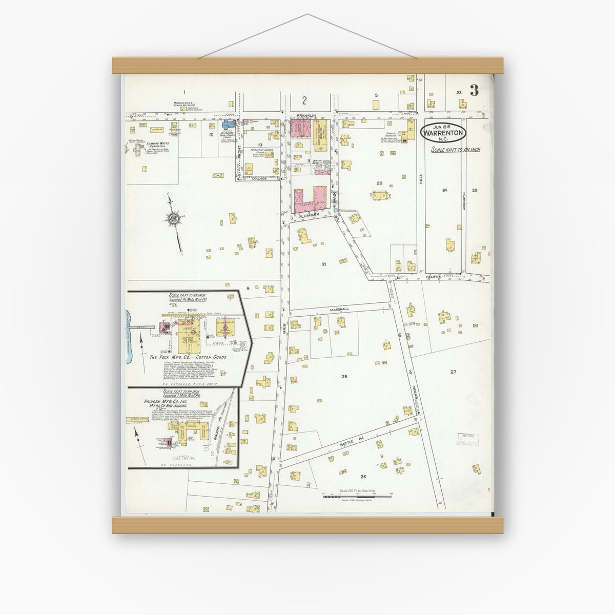 Old map wall art mockup — magnetic wood frame on white wall — Sanborn Fire Insurance Map from Warrenton, Warren County, North Carolina (1918), Sheet #0003