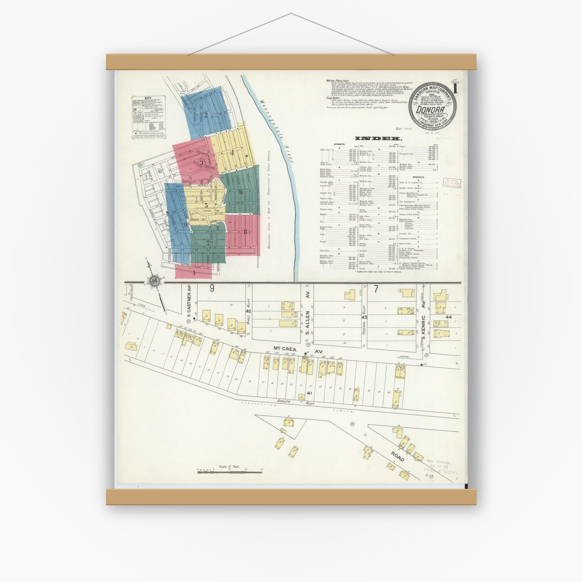 Old map wall art mockup — magnetic wood frame on white wall — Sanborn Fire Insurance Map from Donora, Washington County, Pennsylvania (1909), Sheet #0001