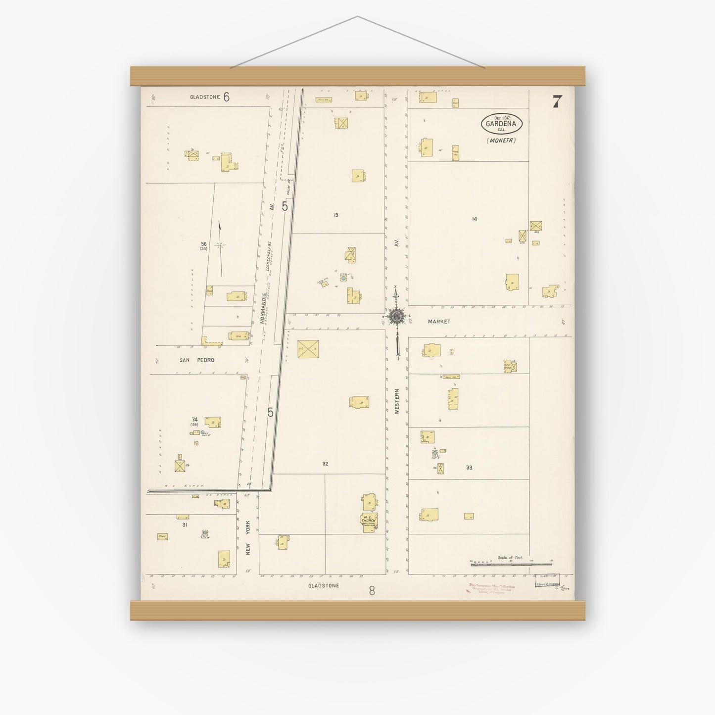 Old map wall art mockup — magnetic wood frame on white wall — Sanborn Fire Insurance Map from Gardena, Los Angeles County, California (1912), Sheet #0007