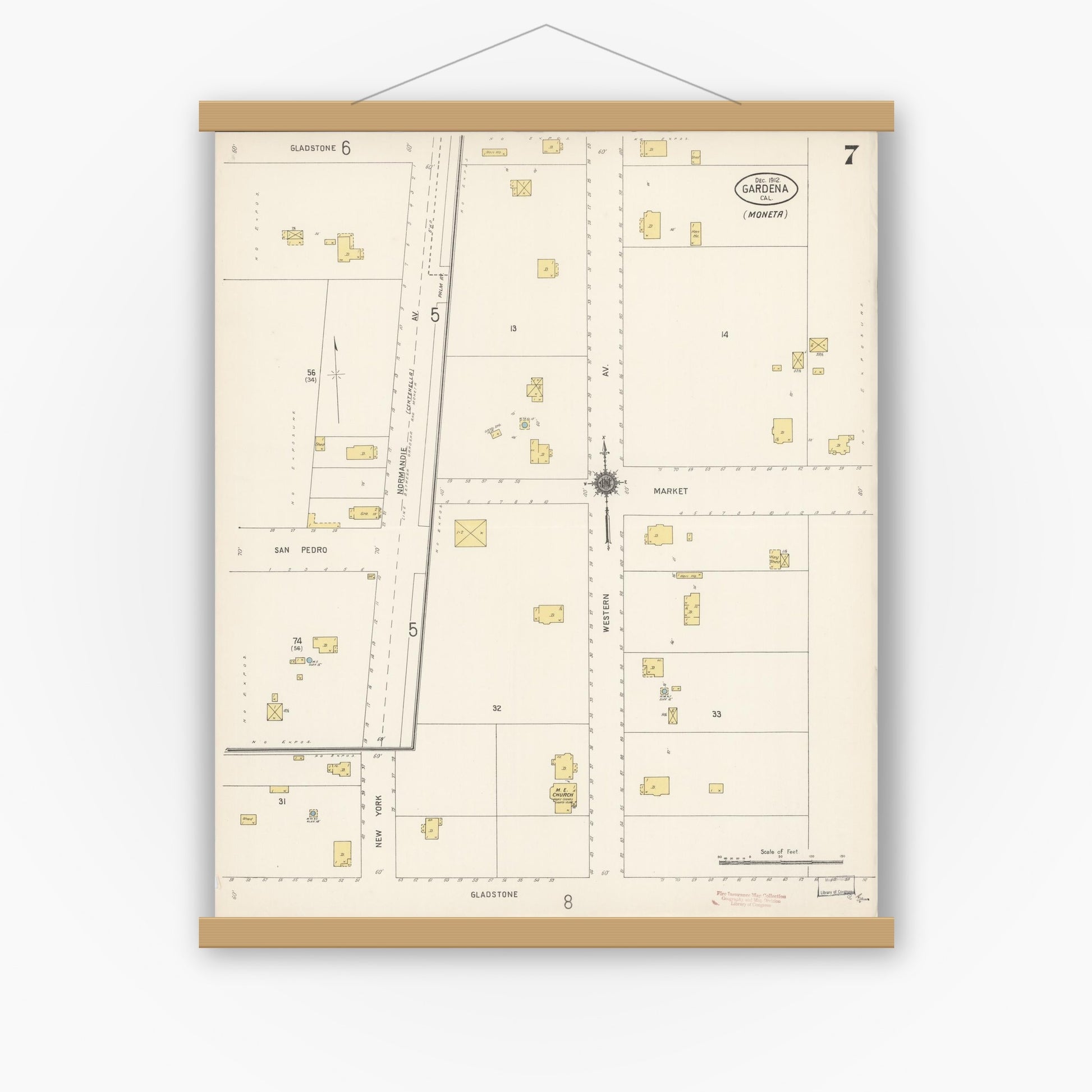 Old map wall art mockup — magnetic wood frame on white wall — Sanborn Fire Insurance Map from Gardena, Los Angeles County, California (1912), Sheet #0007