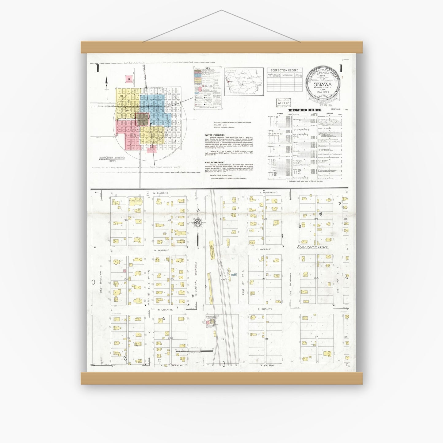 Old map wall art mockup — magnetic wood frame on white wall — Sanborn Fire Insurance Map from Onawa, Monona County, Iowa (1934) â€” Complete Set