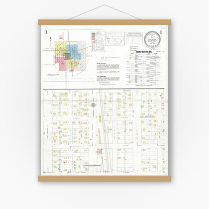 Old map wall art mockup — magnetic wood frame on white wall — Sanborn Fire Insurance Map from Onawa, Monona County, Iowa (1934) â€” Complete Set