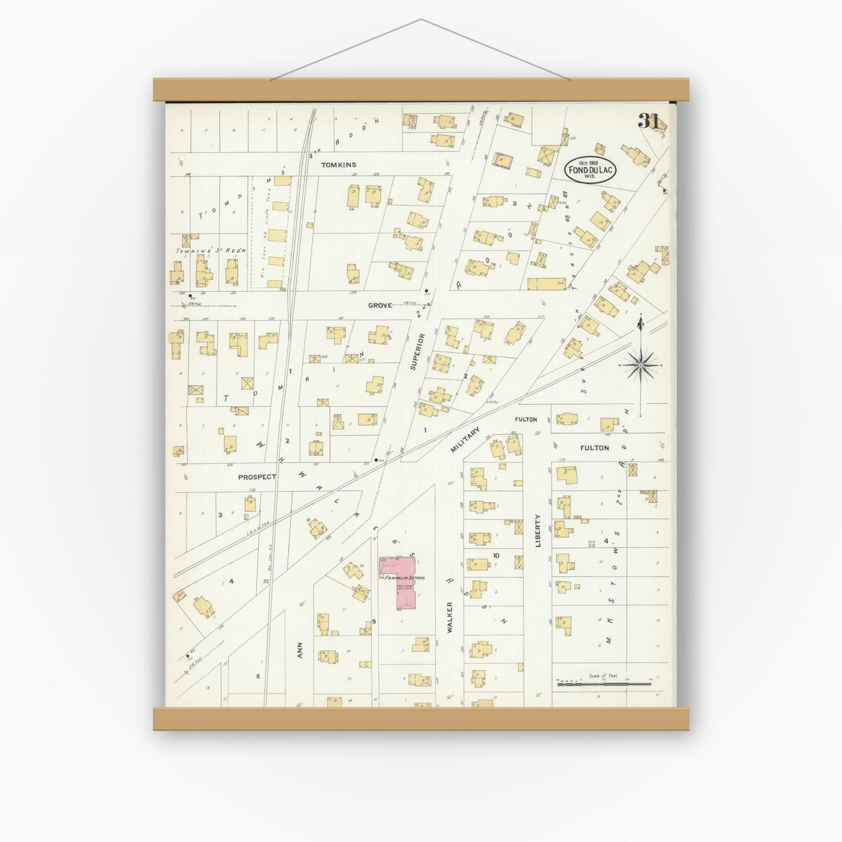 Old map wall art mockup — magnetic wood frame on white wall — Sanborn Fire Insurance Map from Fond du Lac, Fond du Lac County, Wisconsin (1908), Sheet #0031