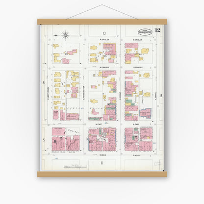 Old map wall art mockup — magnetic wood frame on white wall — Sanborn Fire Insurance Map from Bloomington, McLean County, Illinois (1901), Sheet #0012