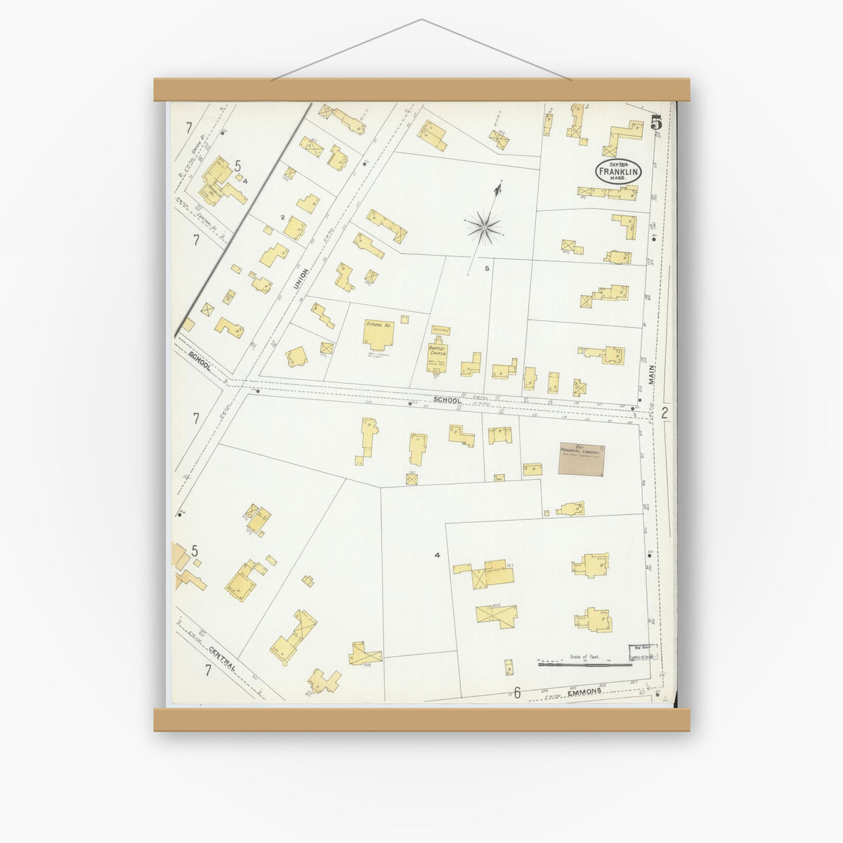 Old map wall art mockup — magnetic wood frame on white wall — Sanborn Fire Insurance Map from Franklin, Norfolk County, Massachusetts (1904), Sheet #0005