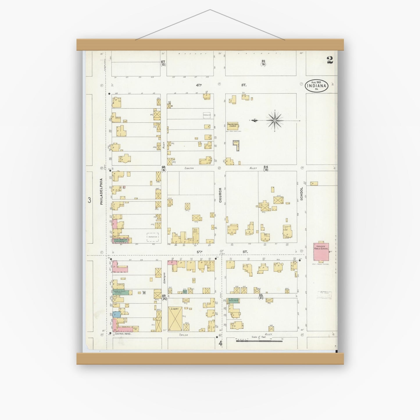Old map wall art mockup — magnetic wood frame on white wall — Sanborn Fire Insurance Map from Indiana, Indiana County, Pennsylvania (1903), Sheet #0002