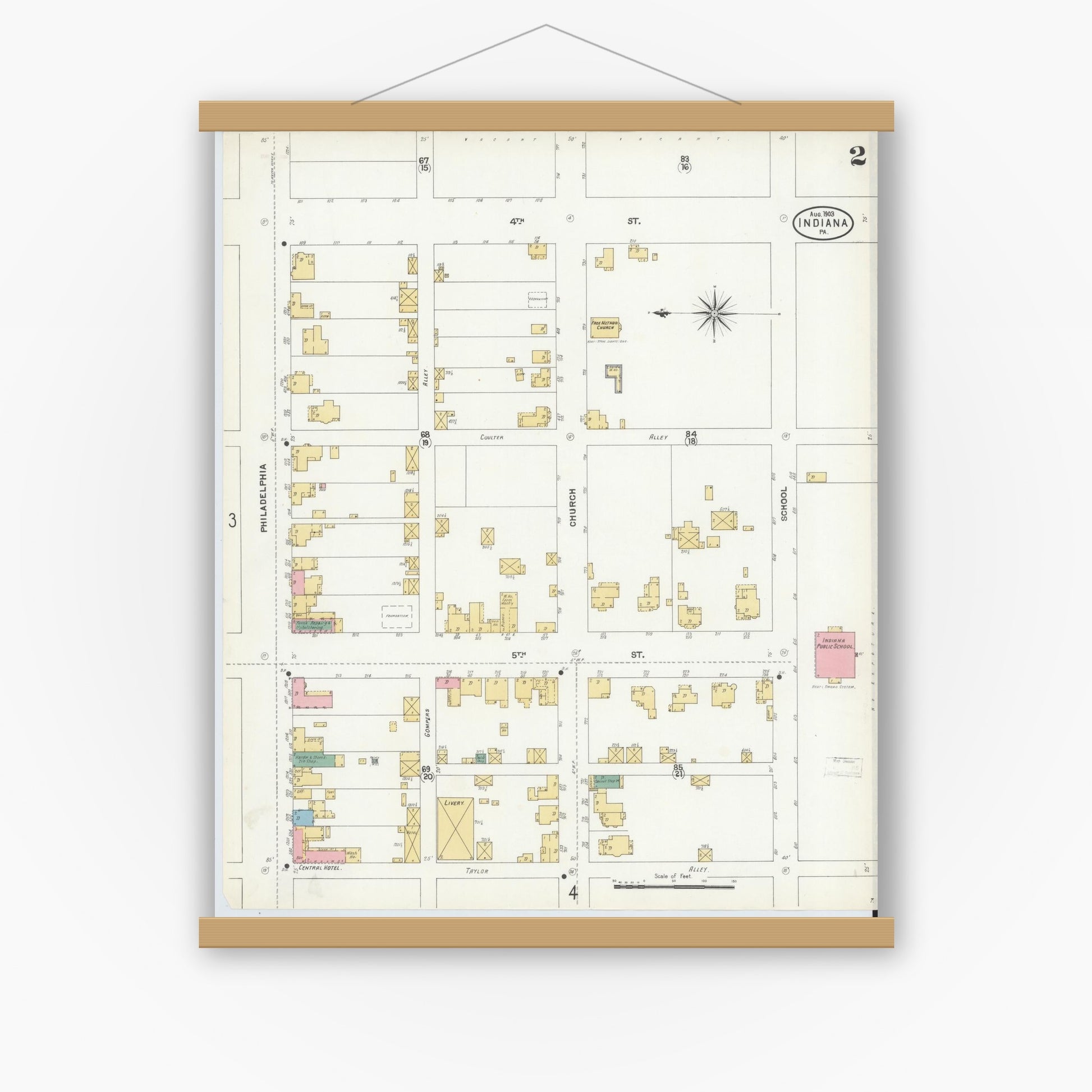 Old map wall art mockup — magnetic wood frame on white wall — Sanborn Fire Insurance Map from Indiana, Indiana County, Pennsylvania (1903), Sheet #0002