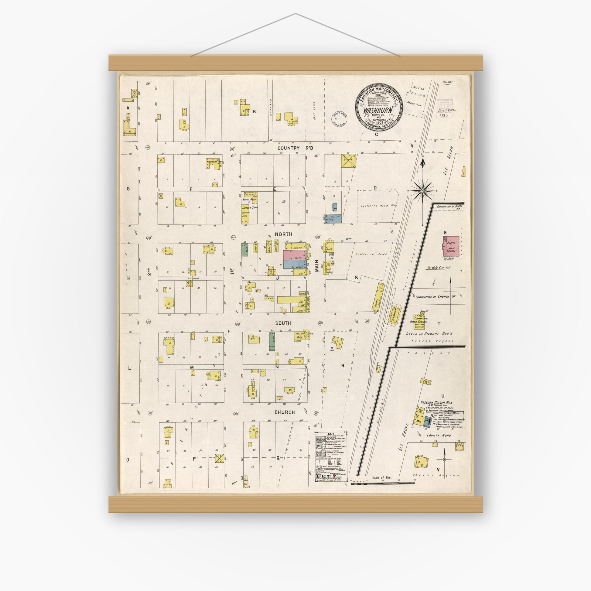 Old map wall art mockup — magnetic wood frame on white wall — Sanborn Fire Insurance Map from Washburn, Barry County, Missouri (1902), Sheet #0001