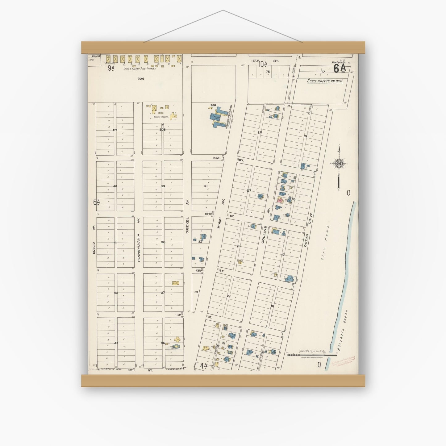 Old map wall art mockup — magnetic wood frame on white wall — Sanborn Fire Insurance Map from Miami Beach, Dade County, Florida (1921), Sheet #0006