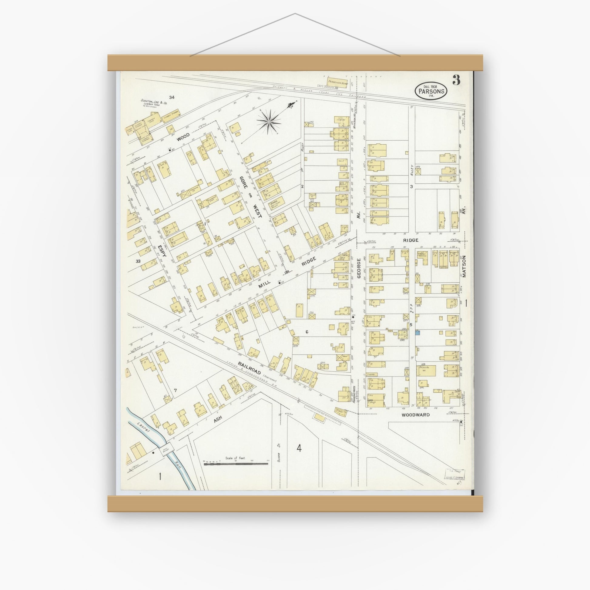 Old map wall art mockup — magnetic wood frame on white wall — Sanborn Fire Insurance Map from Parsons, Luzerne County, Pennsylvania (1908), Sheet #0003