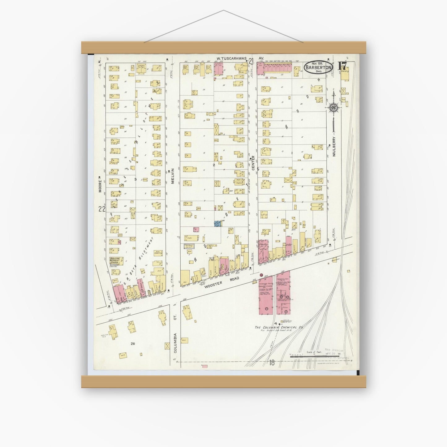 Old map wall art mockup — magnetic wood frame on white wall — Sanborn Fire Insurance Map from Barberton, Summit County, Ohio (1916), Sheet #0017