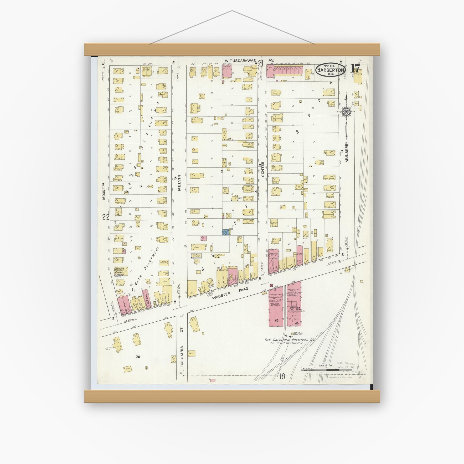 Old map wall art mockup — magnetic wood frame on white wall — Sanborn Fire Insurance Map from Barberton, Summit County, Ohio (1916), Sheet #0017