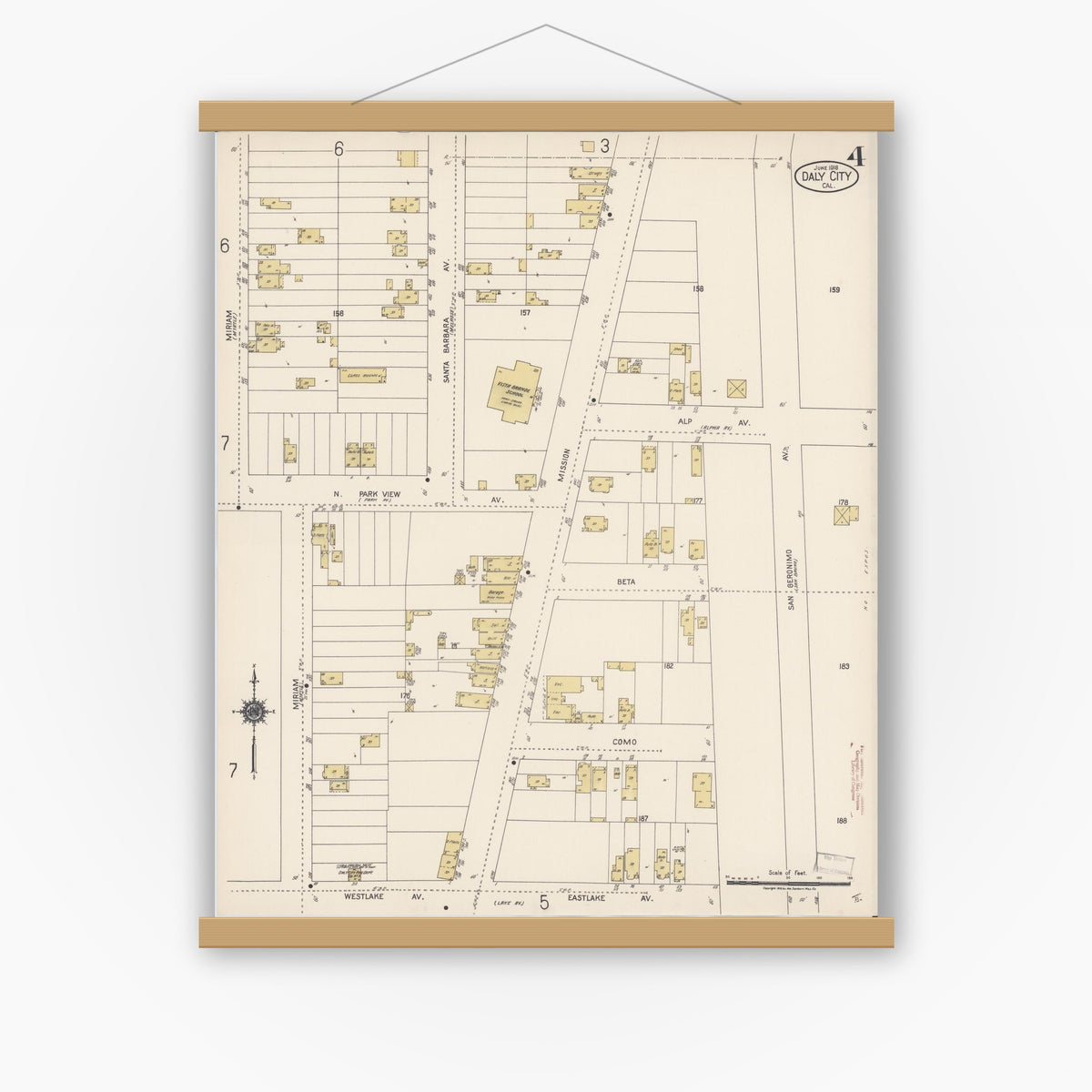 Old map wall art mockup — magnetic wood frame on white wall — Sanborn Fire Insurance Map from Daly City, San Mateo County, California (1918), Sheet #0004