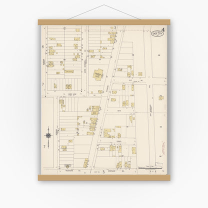 Old map wall art mockup — magnetic wood frame on white wall — Sanborn Fire Insurance Map from Daly City, San Mateo County, California (1918), Sheet #0004