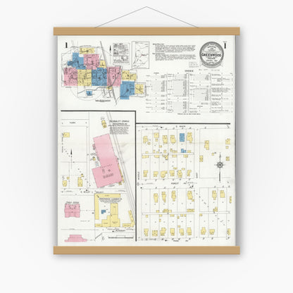 Old map wall art mockup — magnetic wood frame on white wall — Sanborn Fire Insurance Map from Greenwood, Johnson County, Indiana (1930) - Complete Map Set