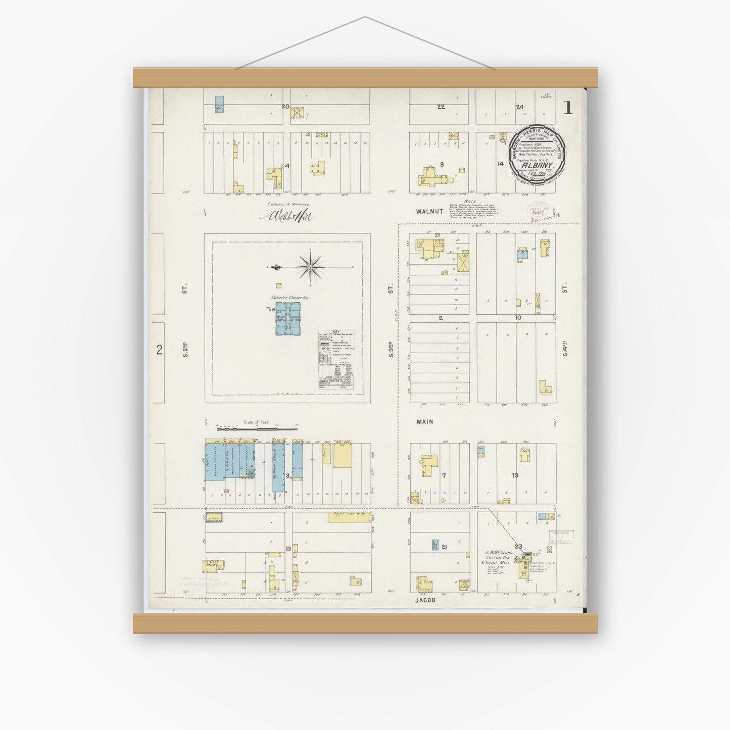 Old map wall art mockup — magnetic wood frame on white wall — Sanborn Fire Insurance Map from Albany, Shackelford County, Texas (1896), Sheet #0001