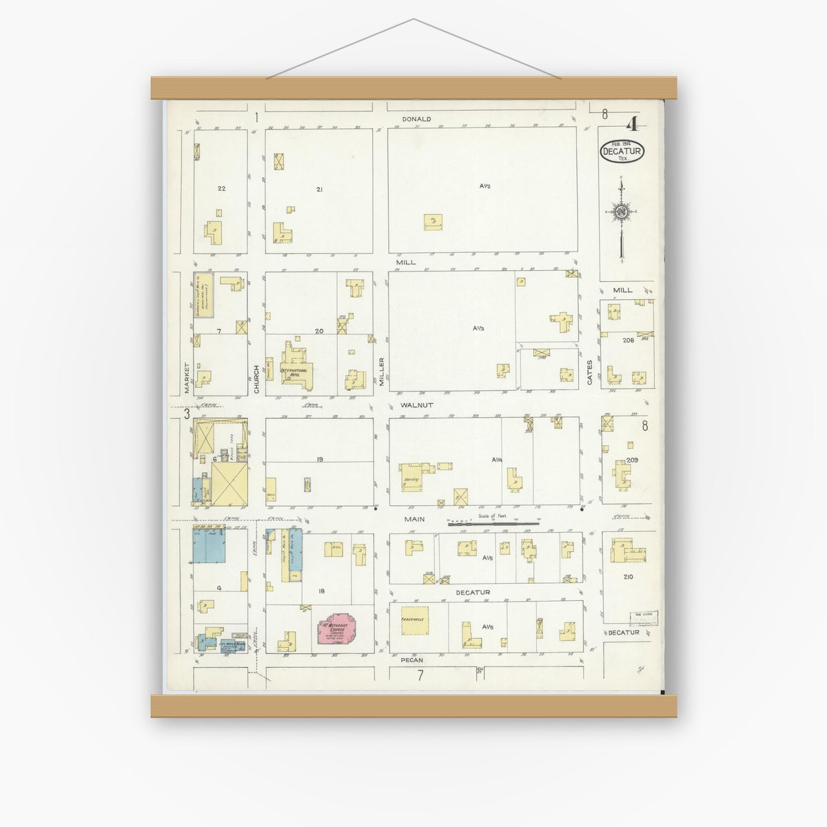 Old map wall art mockup — magnetic wood frame on white wall — Sanborn Fire Insurance Map from Decatur, Wise County, Texas (1914), Sheet #0004