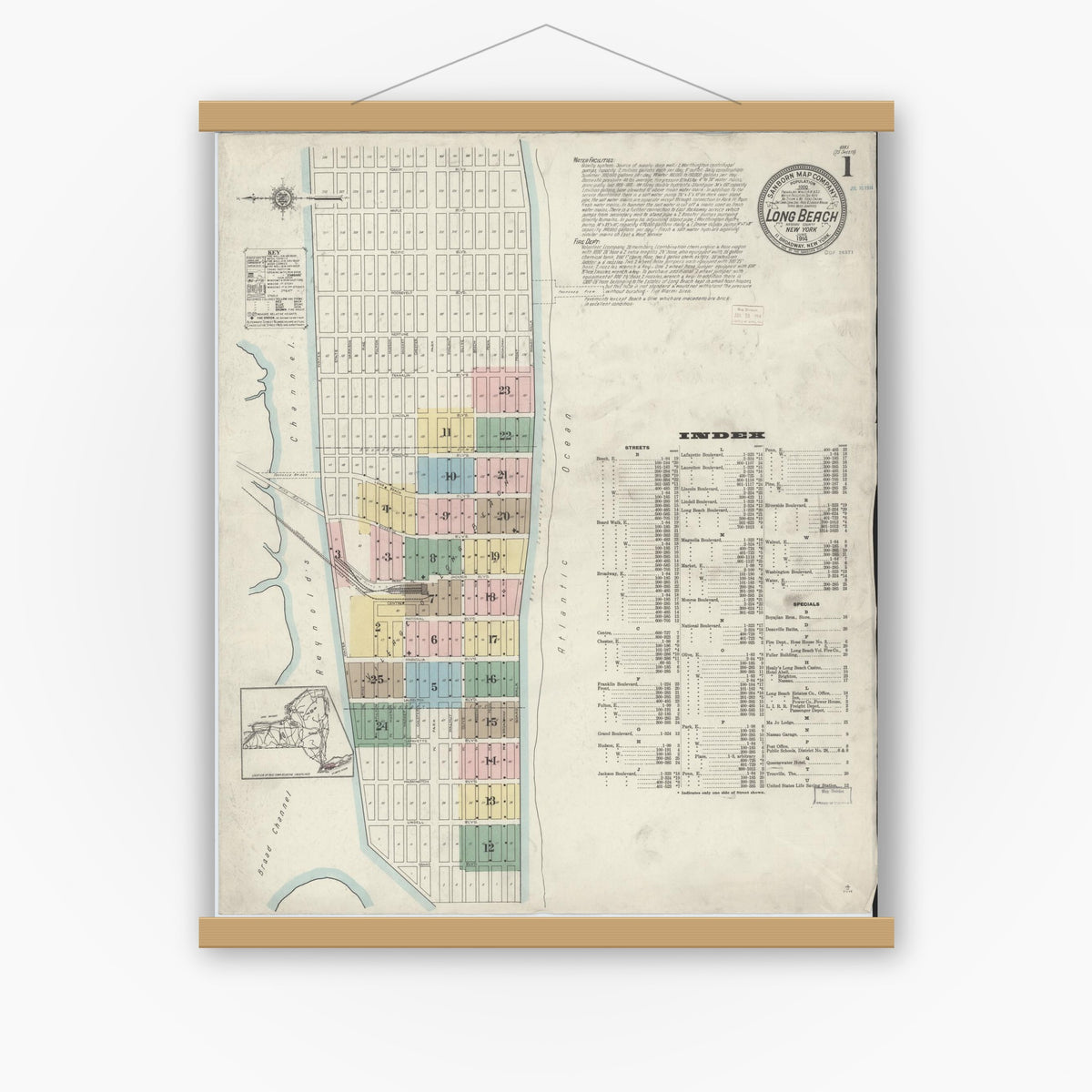 Old map wall art mockup — magnetic wood frame on white wall — Sanborn Fire Insurance Map from Long Beach, Nassau County, New York (1914) - Complete Map Set