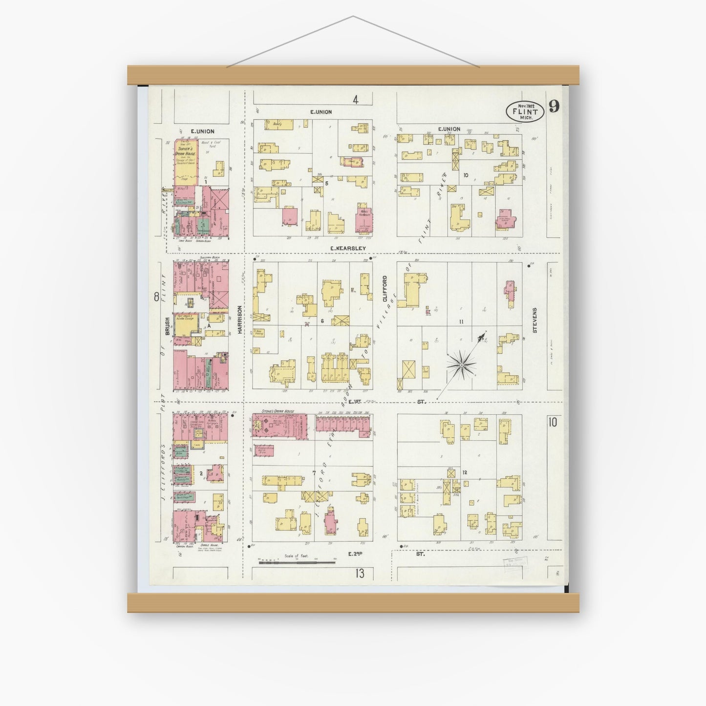 Old map wall art mockup — magnetic wood frame on white wall — Sanborn Fire Insurance Map from Flint, Genesee County, Michigan (1902), Sheet #0009