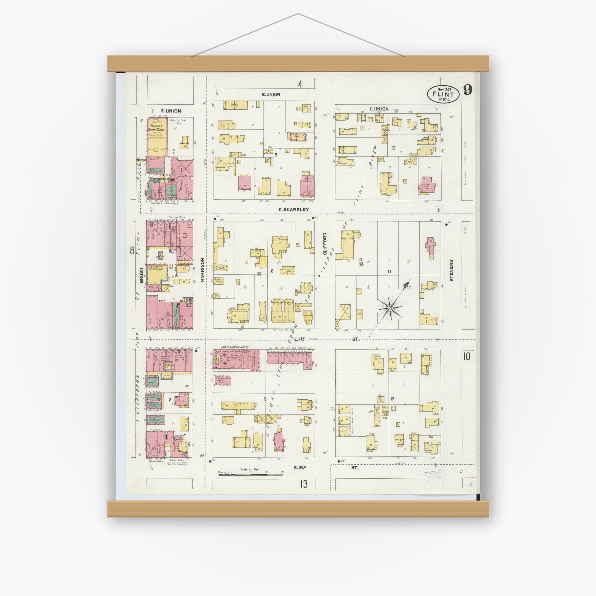 Old map wall art mockup — magnetic wood frame on white wall — Sanborn Fire Insurance Map from Flint, Genesee County, Michigan (1902), Sheet #0009