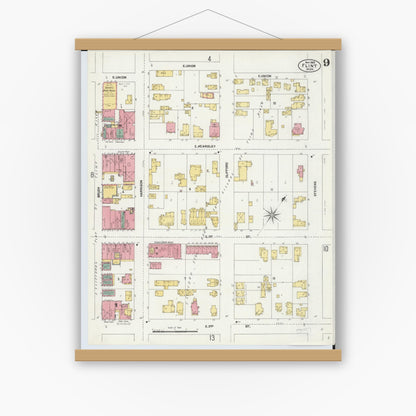 Old map wall art mockup — magnetic wood frame on white wall — Sanborn Fire Insurance Map from Flint, Genesee County, Michigan (1902), Sheet #0009