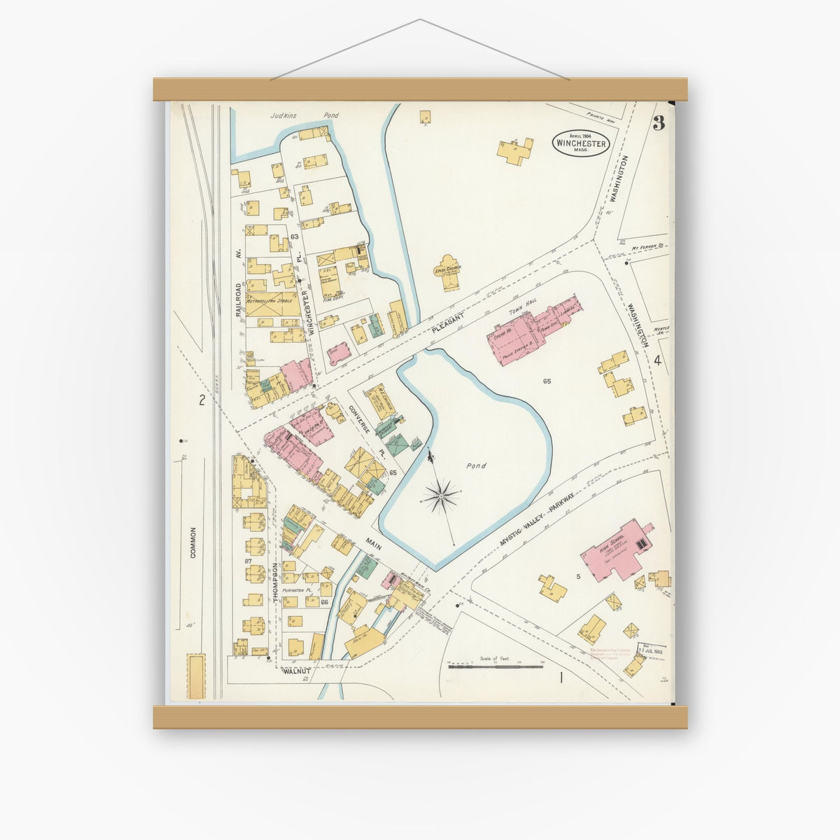 Old map wall art mockup — magnetic wood frame on white wall — Sanborn Fire Insurance Map from Winchester, Middlesex County, Massachusetts (1904), Sheet #0003