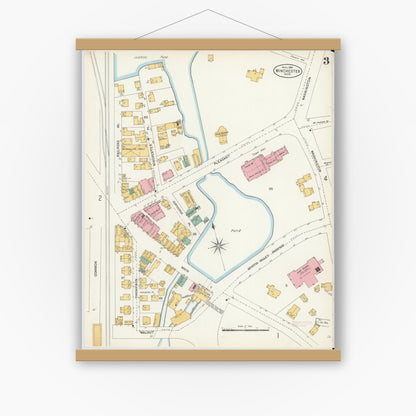 Old map wall art mockup — magnetic wood frame on white wall — Sanborn Fire Insurance Map from Winchester, Middlesex County, Massachusetts (1904), Sheet #0003