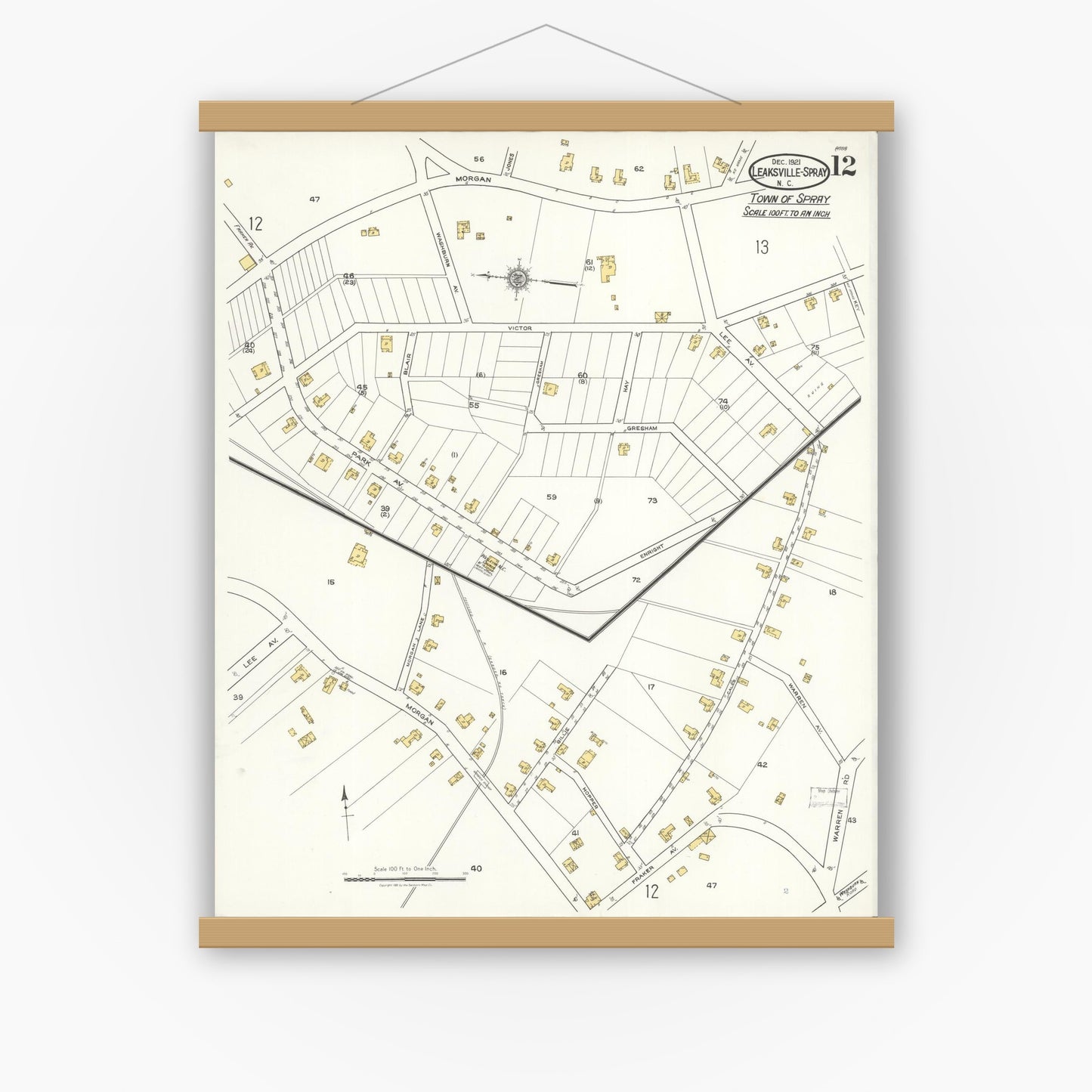 Old map wall art mockup — magnetic wood frame on white wall — Sanborn Fire Insurance Map from Leaksville-spray, Rockingham County, North Carolina (1921), Sheet #0012