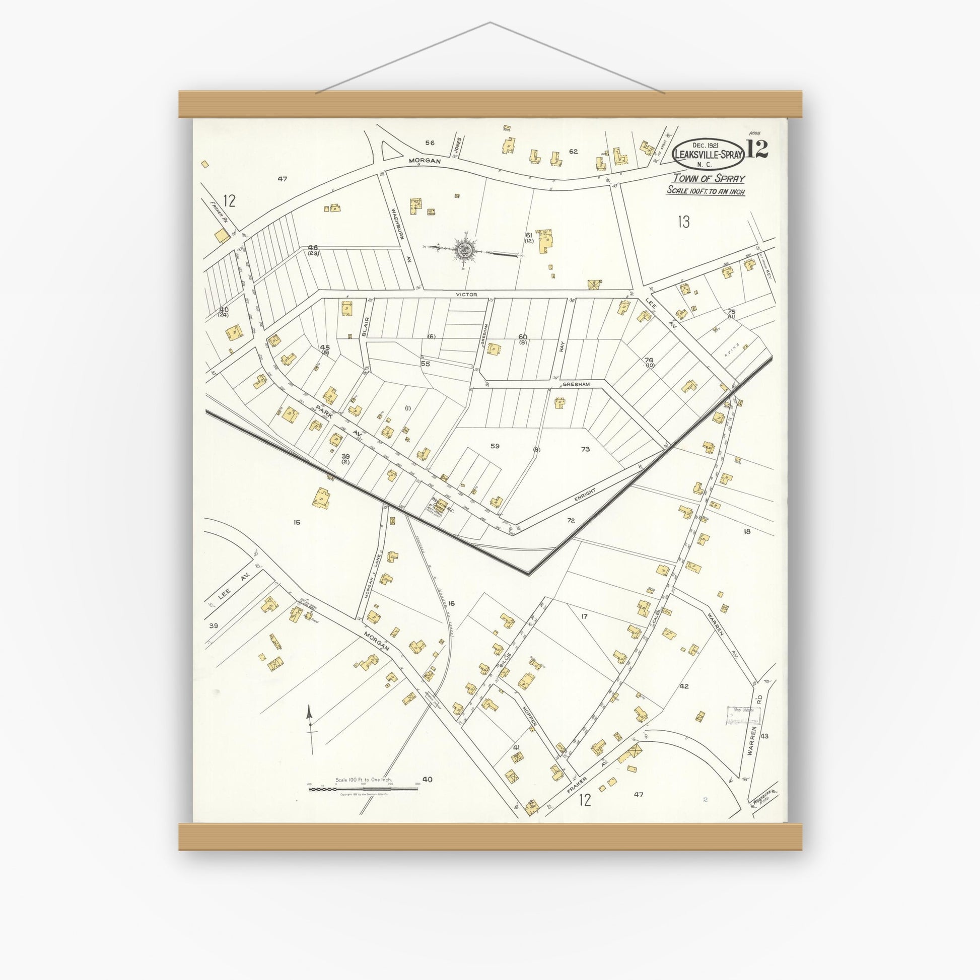 Old map wall art mockup — magnetic wood frame on white wall — Sanborn Fire Insurance Map from Leaksville-spray, Rockingham County, North Carolina (1921), Sheet #0012
