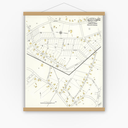 Old map wall art mockup — magnetic wood frame on white wall — Sanborn Fire Insurance Map from Leaksville-spray, Rockingham County, North Carolina (1921), Sheet #0012