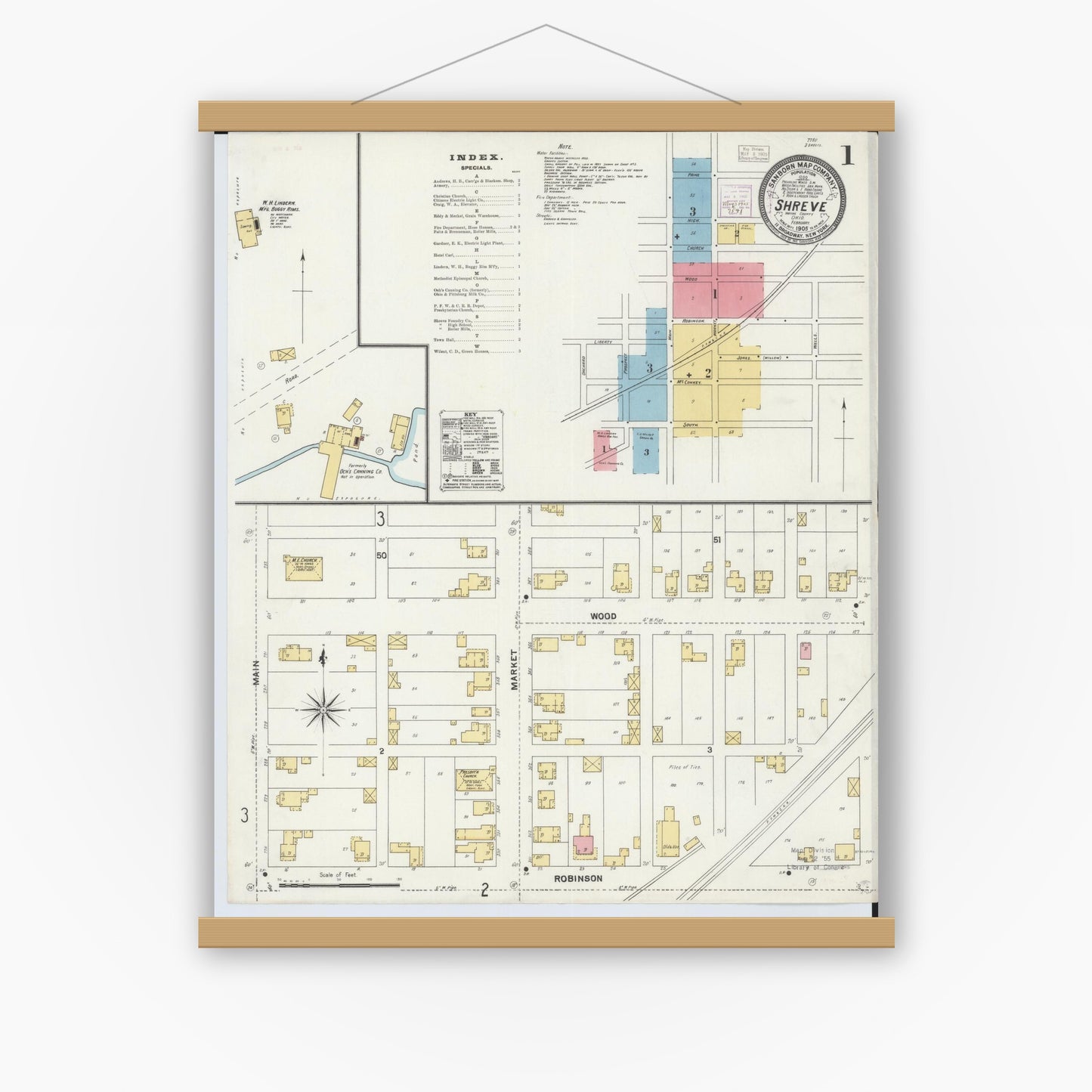Old map wall art mockup — magnetic wood frame on white wall — Sanborn Fire Insurance Map from Shreve, Wayne County, Ohio (1905) - Complete Map Set