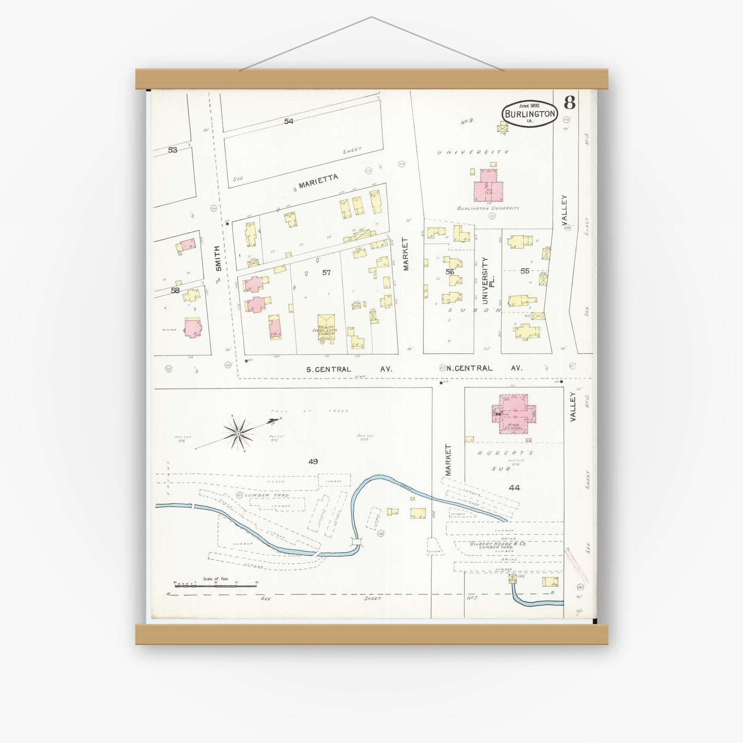 Old map wall art mockup — magnetic wood frame on white wall — Sanborn Fire Insurance Map from Burlington, Des Moines County, Iowa (1892), Sheet #0008
