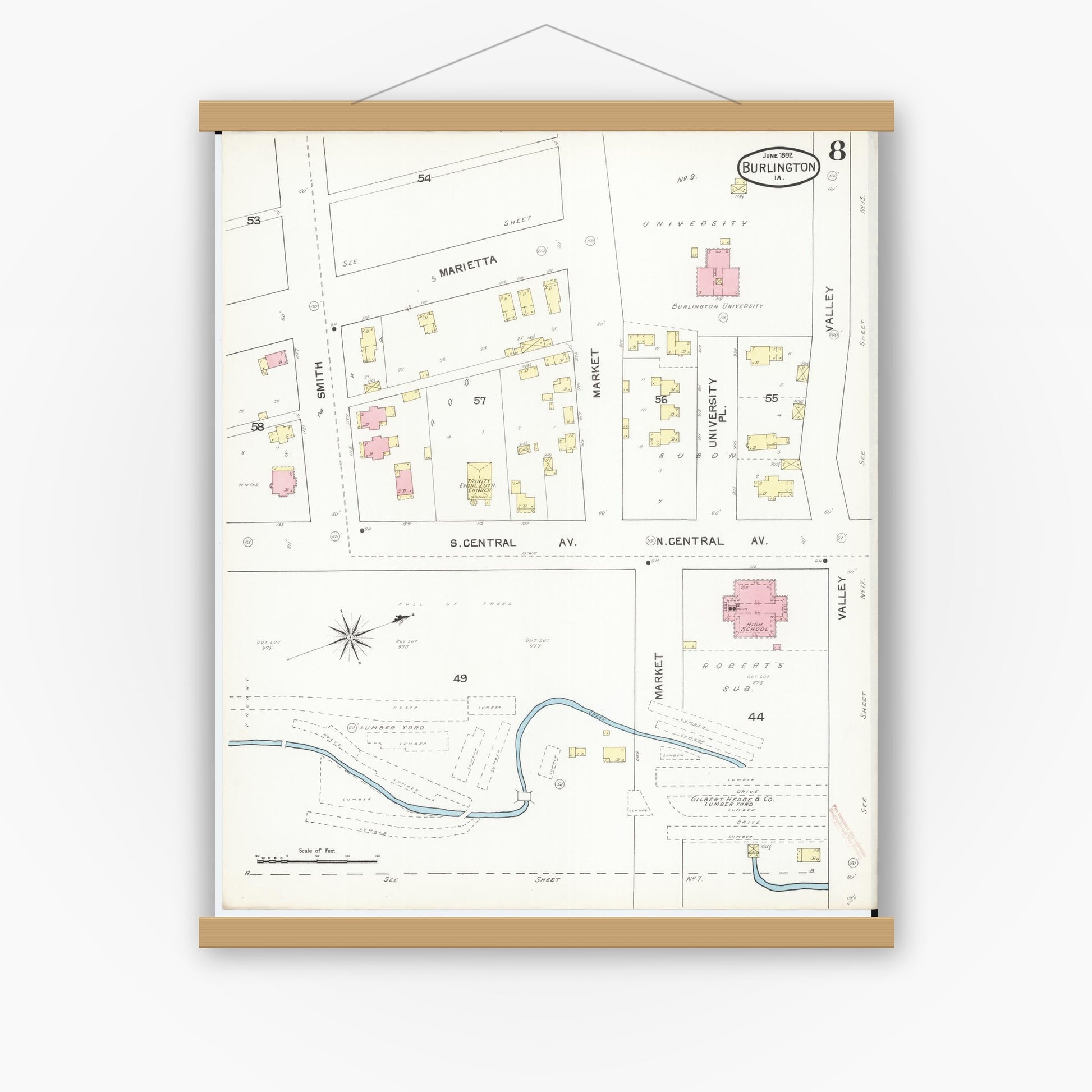 Old map wall art mockup — magnetic wood frame on white wall — Sanborn Fire Insurance Map from Burlington, Des Moines County, Iowa (1892), Sheet #0008