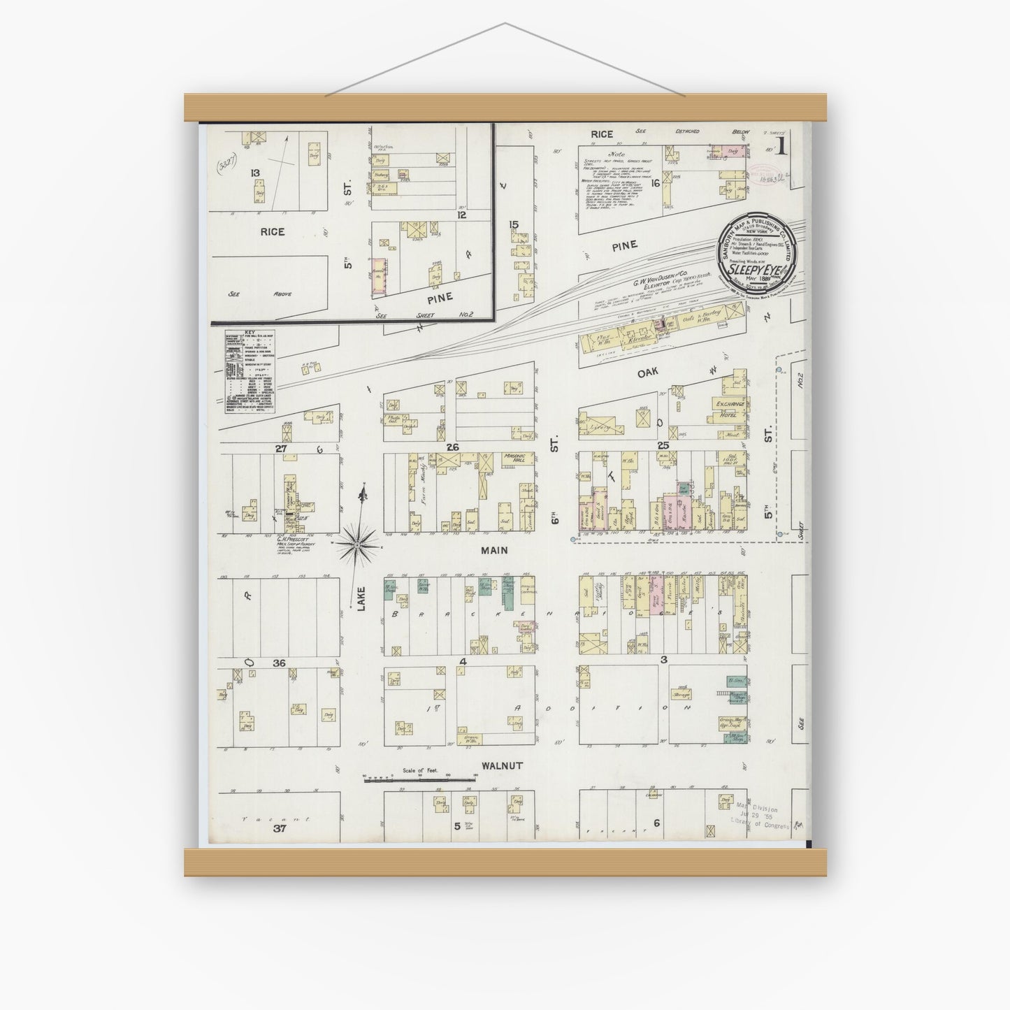 Old map wall art mockup — magnetic wood frame on white wall — Sanborn Fire Insurance Map from Sleepy Eye, Brown County, Minnesota (1889) - Complete Map Set