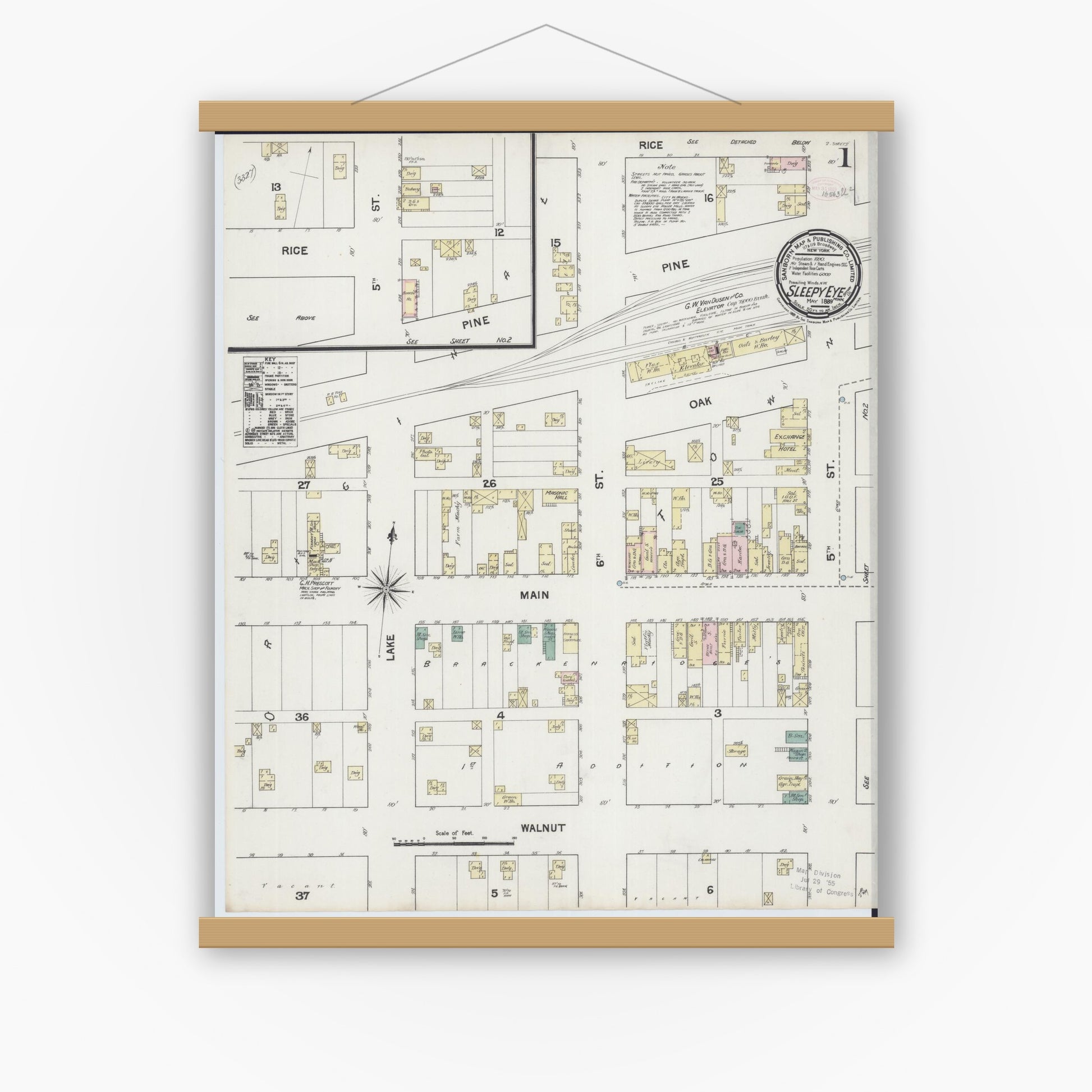 Old map wall art mockup — magnetic wood frame on white wall — Sanborn Fire Insurance Map from Sleepy Eye, Brown County, Minnesota (1889) - Complete Map Set