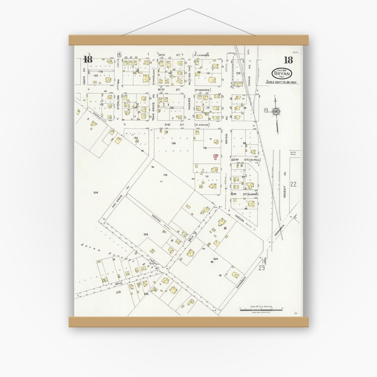 Old map wall art mockup — magnetic wood frame on white wall — Sanborn Fire Insurance Map from Bryan, Brazos County, Texas (1925), Sheet #0018