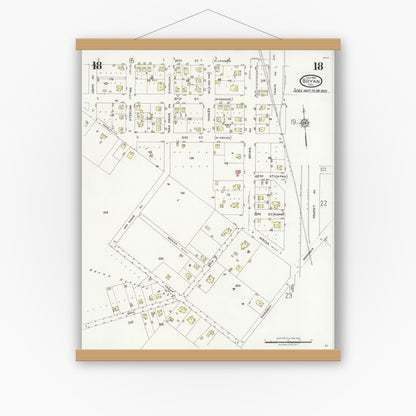Old map wall art mockup — magnetic wood frame on white wall — Sanborn Fire Insurance Map from Bryan, Brazos County, Texas (1925), Sheet #0018