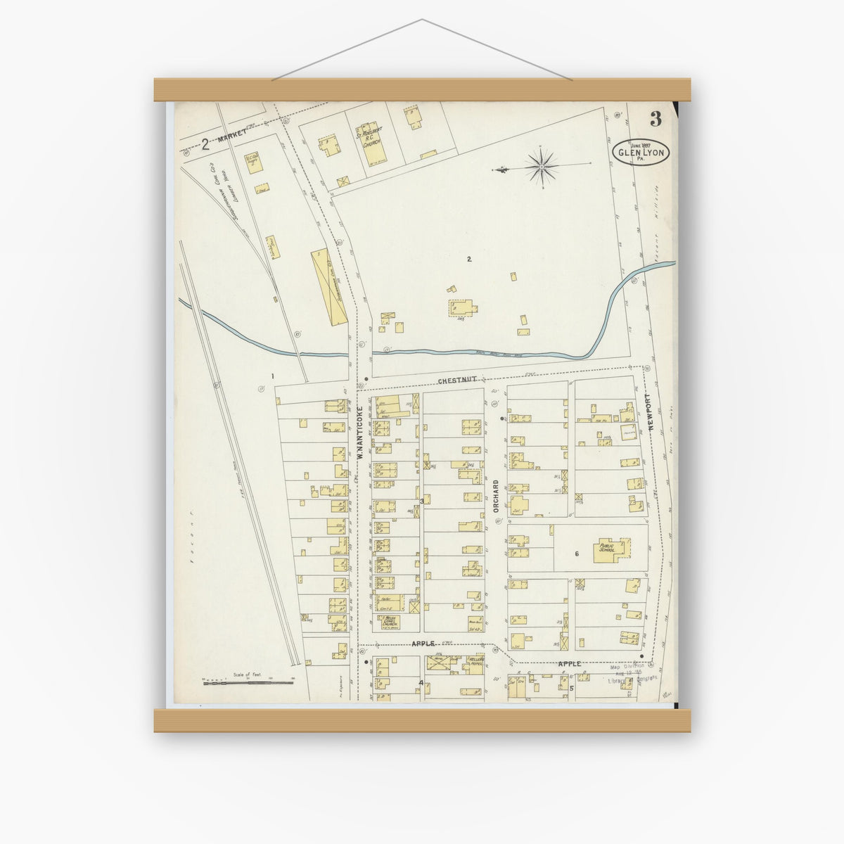 Old map wall art mockup — magnetic wood frame on white wall — Sanborn Fire Insurance Map from Glen Lyon, Luzerne County, Pennsylvania (1897), Sheet #0003