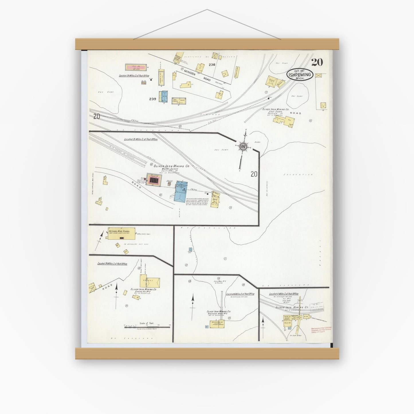 Old map wall art mockup — magnetic wood frame on white wall — Sanborn Fire Insurance Map from Ishpeming, Marquette County, Michigan (1917), Sheet #0020