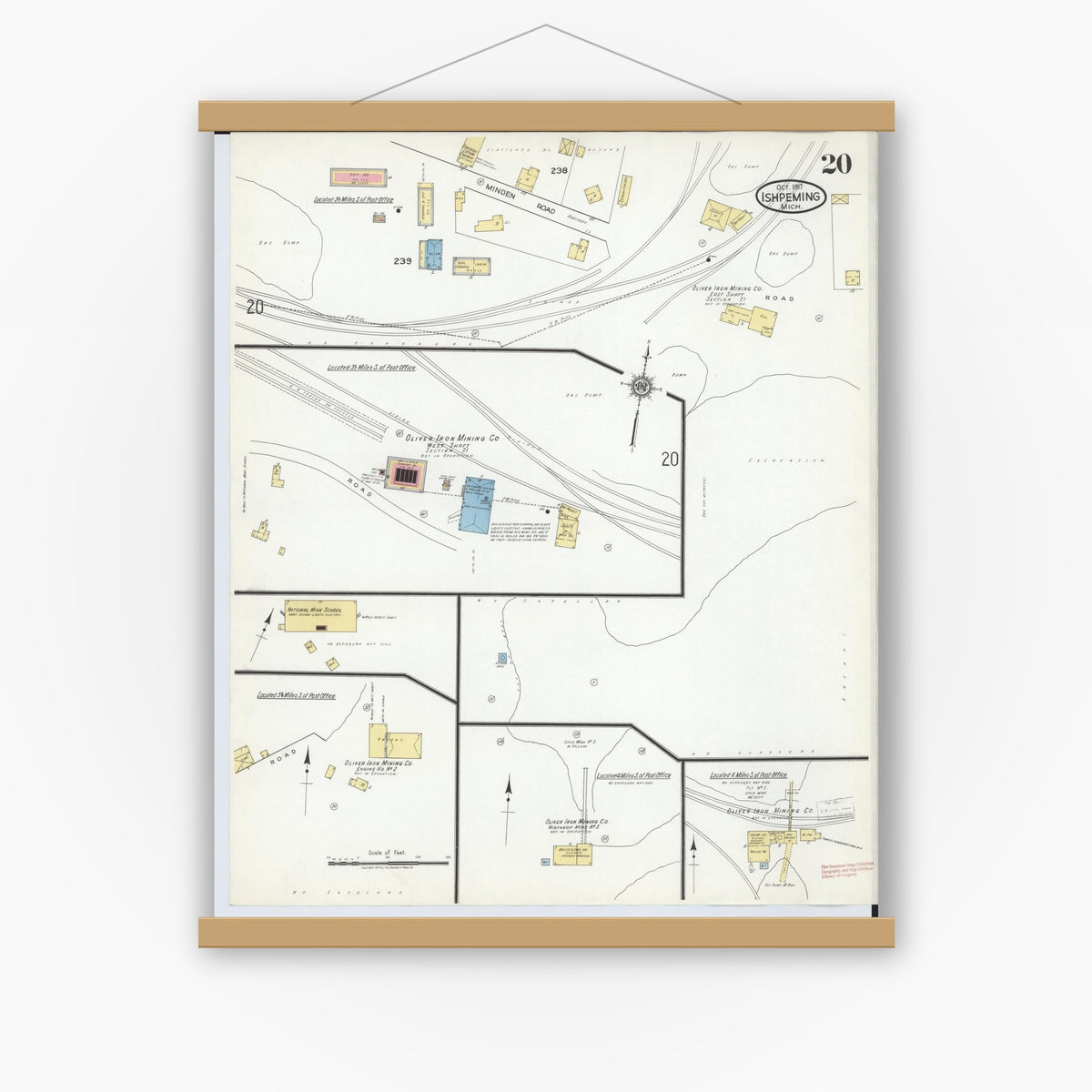 Old map wall art mockup — magnetic wood frame on white wall — Sanborn Fire Insurance Map from Ishpeming, Marquette County, Michigan (1917), Sheet #0020