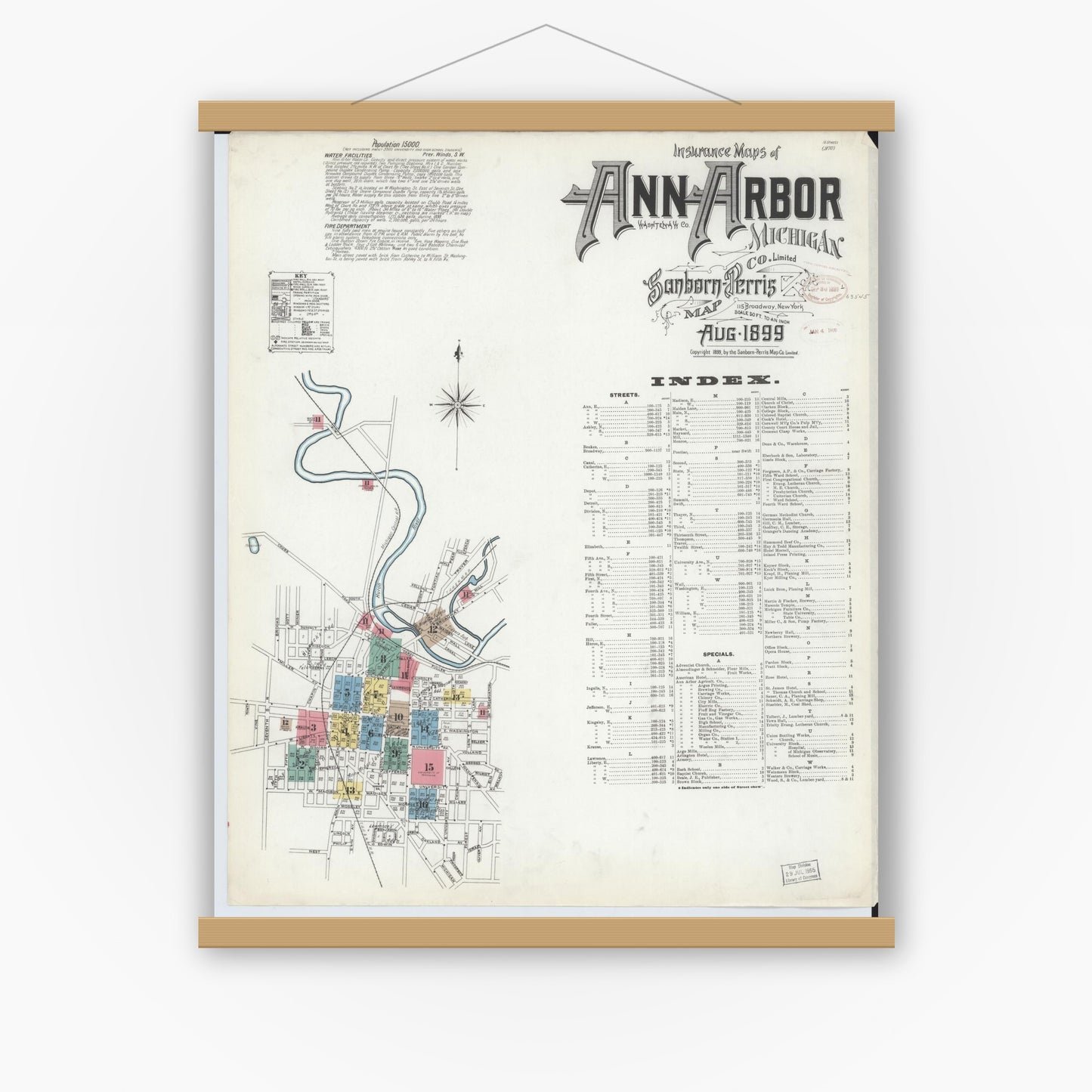 Old map wall art mockup — magnetic wood frame on white wall — Sanborn Fire Insurance Map from Ann Arbor, Washtenaw County, Michigan (1899), Sheet #0001