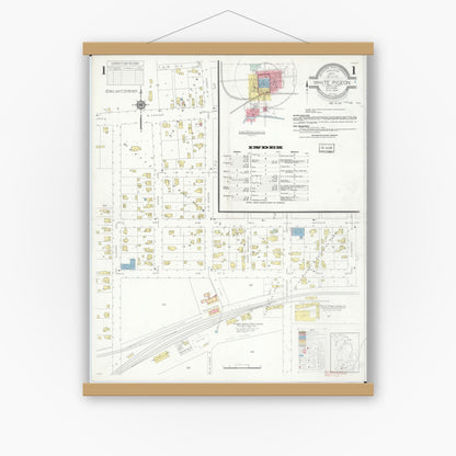 Old map wall art mockup — magnetic wood frame on white wall — Sanborn Fire Insurance Map from White Pigeon, Saint Joseph County, Michigan (1936) - Complete Map Set