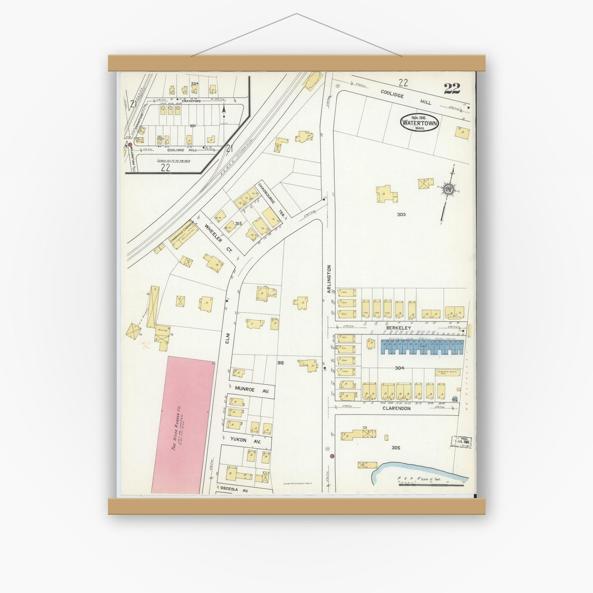 Old map wall art mockup — magnetic wood frame on white wall — Sanborn Fire Insurance Map from Watertown, Middlesex County, Massachusetts (1916), Sheet #0022