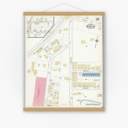 Old map wall art mockup — magnetic wood frame on white wall — Sanborn Fire Insurance Map from Watertown, Middlesex County, Massachusetts (1916), Sheet #0022