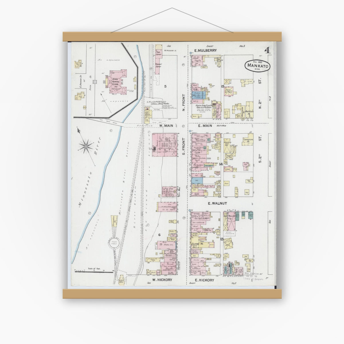 Old map wall art mockup — magnetic wood frame on white wall — Sanborn Fire Insurance Map from Mankato, Blue Earth County, Minnesota (1889), Sheet #0004