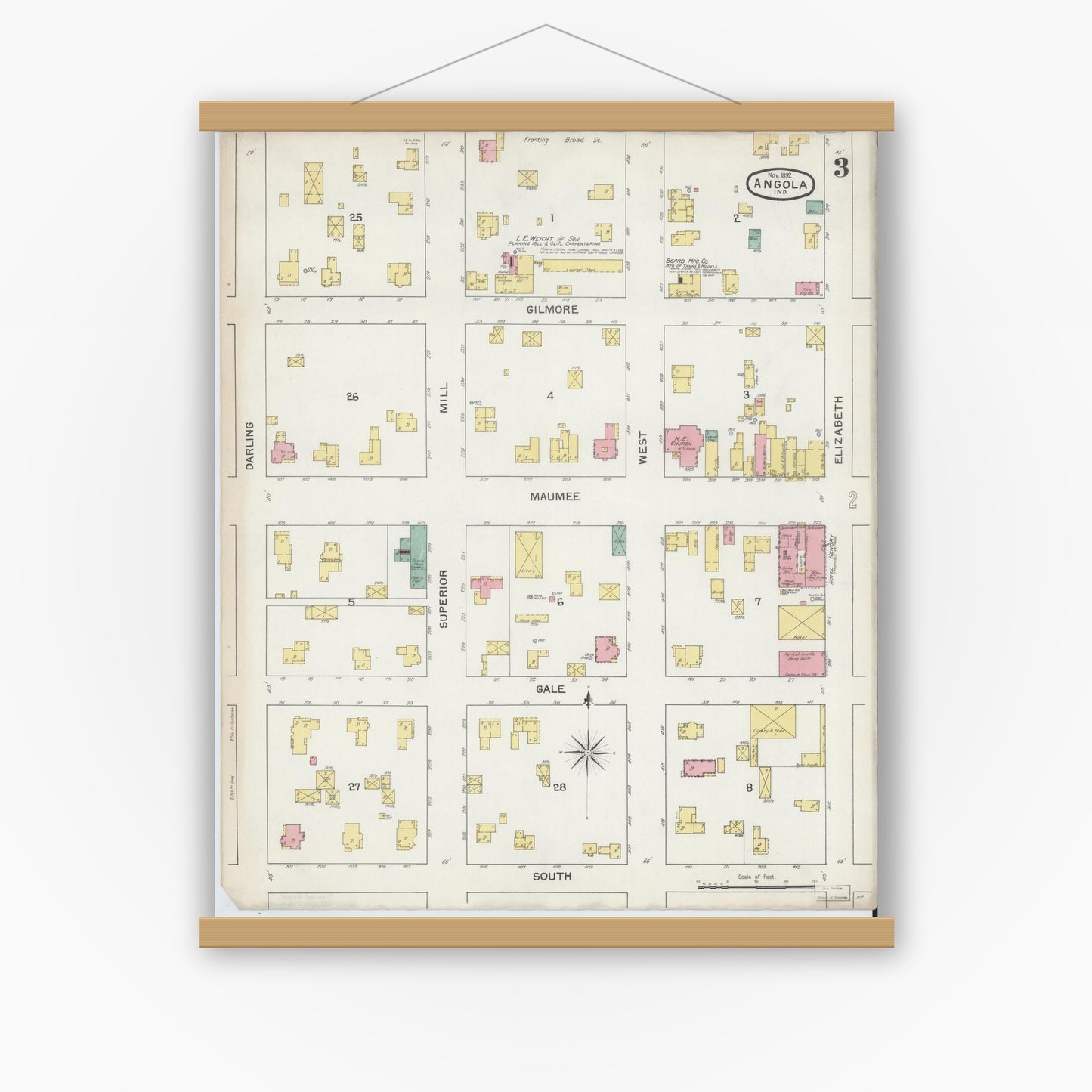 Old map wall art mockup — magnetic wood frame on white wall — Sanborn Fire Insurance Map from Angola, Steuben County, Indiana (1892), Sheet #0003