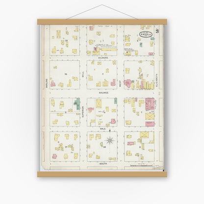 Old map wall art mockup — magnetic wood frame on white wall — Sanborn Fire Insurance Map from Angola, Steuben County, Indiana (1892), Sheet #0003